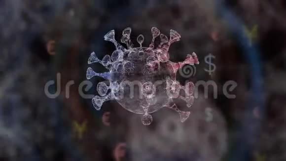 三维动画的细菌在黑暗背景与美元欧元和日元图标浮动视频的预览图