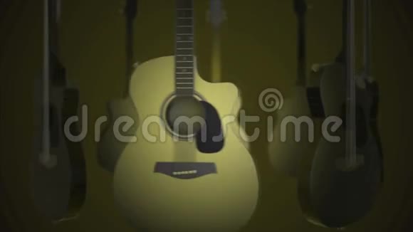 飞行吉他经典民间吟游诗人摇滚乐器黄色背景上的真实三维动画吉他视频的预览图