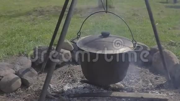 在木桩旁的树林里准备热的新鲜食物一个盛有热鲜汤炖菜或粥的大锅视频的预览图