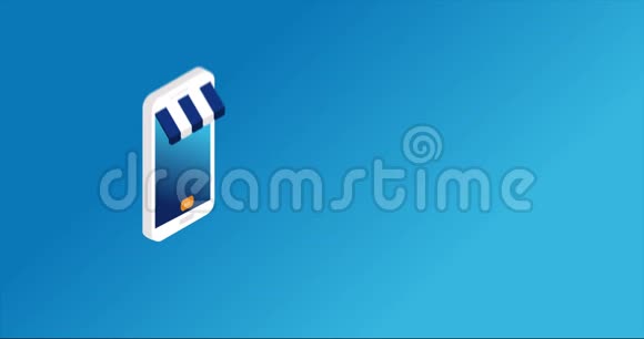 等距网购概念动画带蓝色和橙色购物袋的智能手机和应用程序蓝色信用卡视频的预览图
