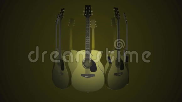 飞行吉他经典民间吟游诗人摇滚乐器黄色背景上的真实三维动画吉他视频的预览图