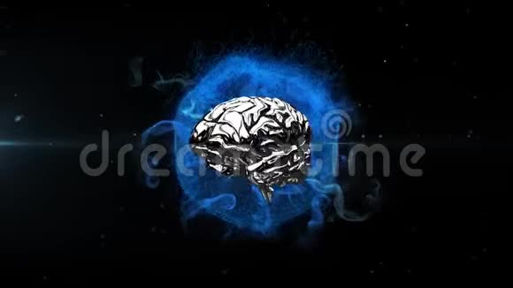 3d金属人脑在黑色背景下在发光的蓝色地球上旋转的动画视频的预览图
