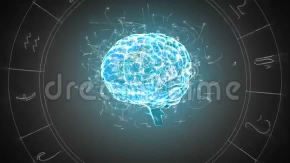 3d发光的蓝色人脑旋转的动画黄道十二宫轮在黑色背轮上旋转视频的预览图