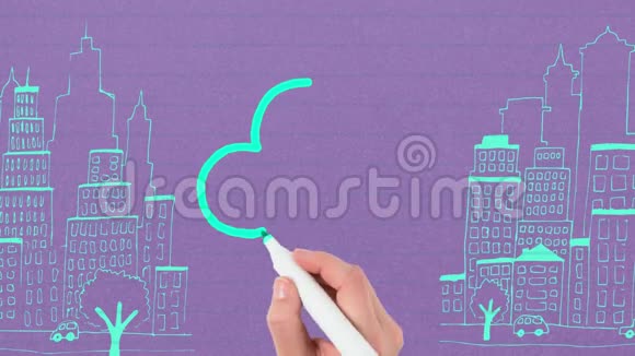 用紫色背景上的标记手工绘制蓝色轮廓云图标动画视频的预览图