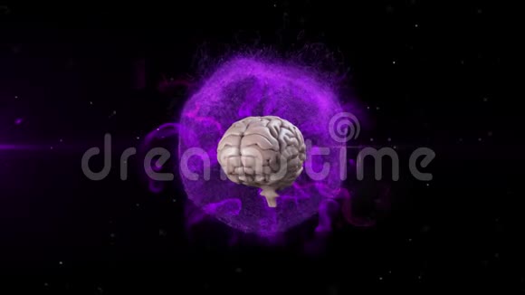 3d金属人脑在黑色背景下在发光的紫色地球上旋转的动画视频的预览图
