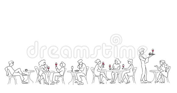 动漫的时尚人男女坐吃喝酒的咖啡馆视频的预览图