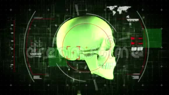 在黑色背景上旋转的3d发光绿色人类头骨动画视频的预览图