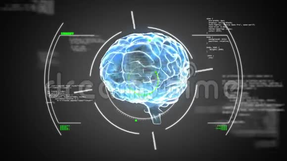 在黑色背景上旋转的三维发光蓝色人脑动画视频的预览图