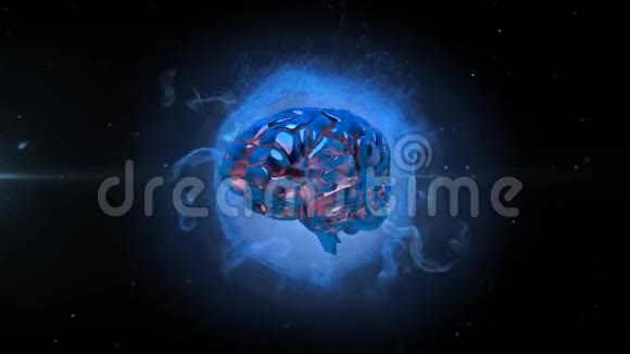 3d金属人脑在黑色背景下在发光的蓝色地球上旋转的动画视频的预览图