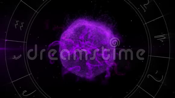 黑色背景下旋转黄道轮的发光紫色地球仪动画视频的预览图