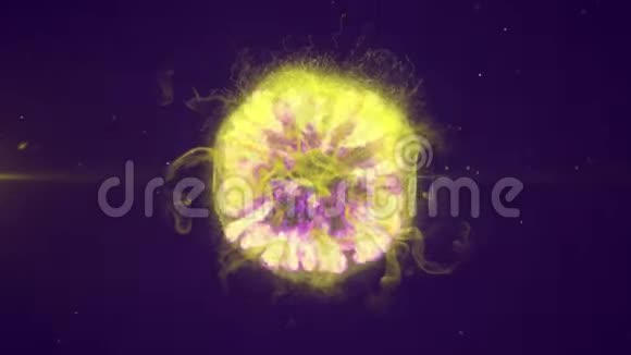 在紫色背景上爆炸的黄色发光球体的动画视频的预览图