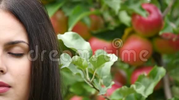 年轻女子穿着一件白色连衣裙在苹果树的阳光下转过身对着镜头摆姿势视频的预览图