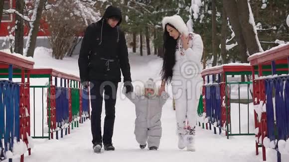 父亲和母亲带着儿子走在冬天公园的小巷里牵着婴儿的手妈妈把奶嘴纠正给他视频的预览图