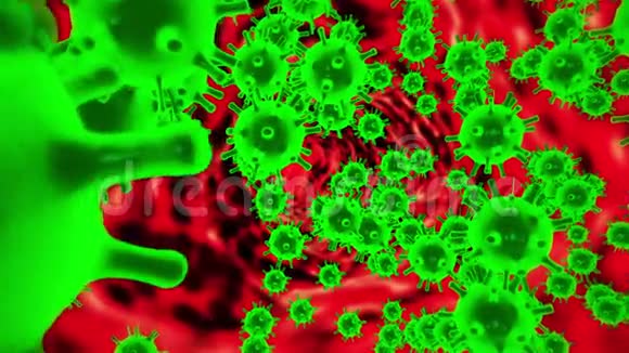 致病冠状病毒2019nCov细胞以绿色细胞的形式在受感染生物体的血管中运动视频的预览图