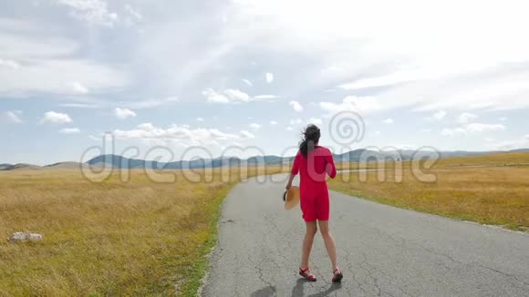 穿着红裙子在田野里散步的女孩视频的预览图