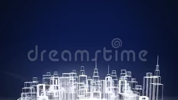 蓝色背景旋转的现代城市三维建筑模型白色轮廓动画视频的预览图