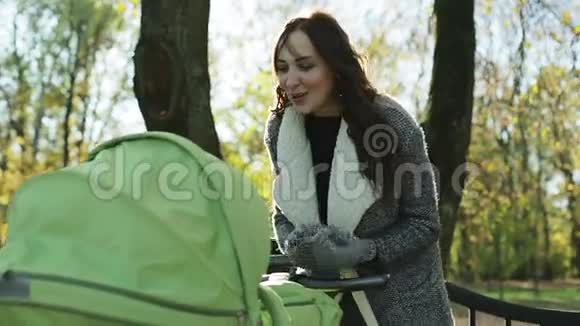 秋天年轻的妈妈在公园的婴儿车里摇着一个婴儿视频的预览图
