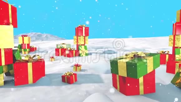 雪蓝屏幕3D渲染动画圣诞礼物视频的预览图