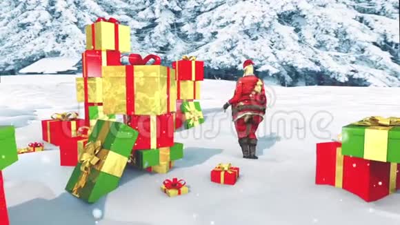 圣诞老人驯鹿圣诞礼物雪地阿尔法哑光面3D渲染动画视频的预览图