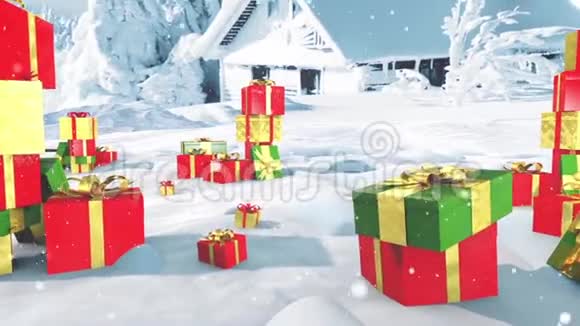 雪蓝屏幕3D渲染动画圣诞礼物快乐视频的预览图
