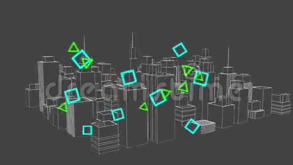 背景为旋转三维城市的霓虹灯广场和三角形视频的预览图