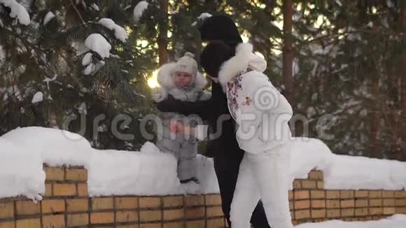 年轻的父母在公园里和他的儿子玩宝宝摸着白雪覆盖的松枝一个孩子享受第一个冬天视频的预览图