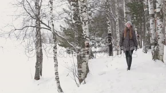 穿过白雪皑皑的林地的女人视频的预览图