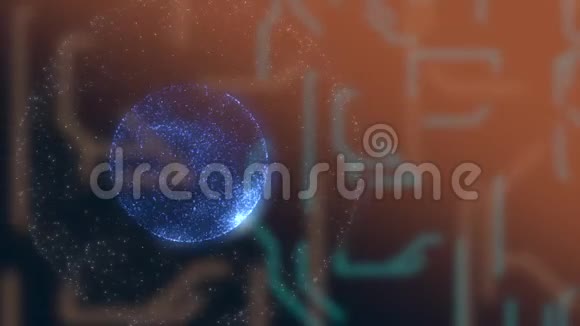 蓝色能量等离子体球从彩色电路背景上的微小闪光尘埃中产生视频的预览图