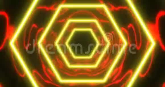 摘要无缝环黄红色霓虹灯VJ未来隧道六边形形式视频的预览图