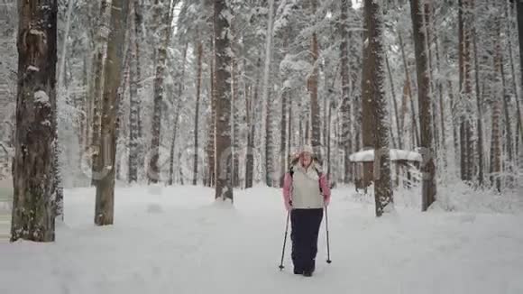 平静的女人在冬天寒冷的森林里参加运动她穿着运动服沿着视频的预览图