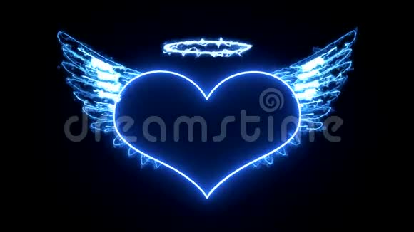 一颗在霓虹灯光下的心在黑色背景下的神圣光环下有天使的翅膀在燃烧视频的预览图