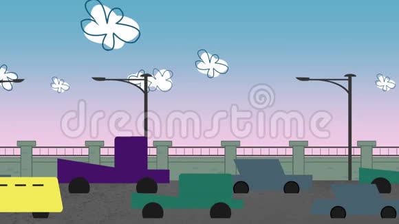 卡通动画背景与运动云和汽车在道路上抽象的城市景观背景视频的预览图
