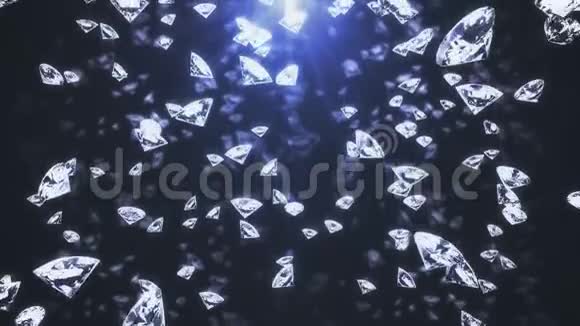 带有缓慢下落的钻石或宝石晶体的抽象背景蓝色的背景上闪烁着耀眼的光芒视频的预览图
