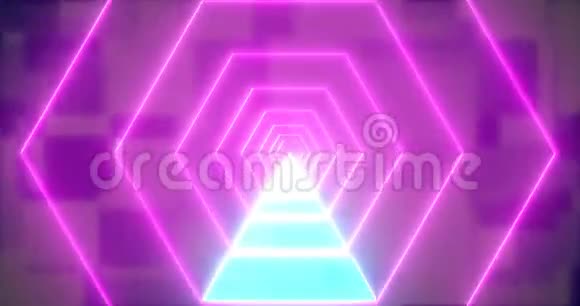 六边形无缝环粉红色和蓝色霓虹灯VJ未来隧道视频的预览图