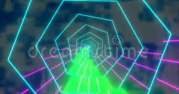 以六边形形式抽象出无尽的蓝色粉红色和绿色旋转的VJ科幻隧道视频的预览图