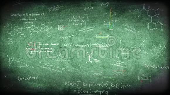 用粉笔在绿色黑板上画出的数学公式方程图形图表和草图视频的预览图