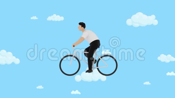 卡通人在多云的天空中骑自行车3D绘制运动图形动画视频的预览图