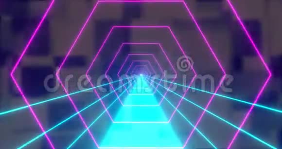 六边形无缝环粉红色和蓝色霓虹灯VJ未来隧道视频的预览图