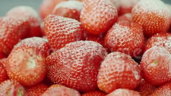 糖粒落在多汁的新鲜草莓上慢动作视频视频的预览图