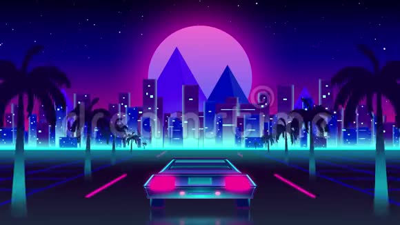 夜间驾车驶往灯光城市景观的背面动画视频的预览图