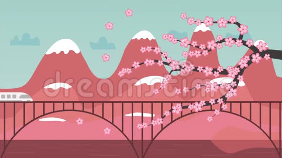 现代火车在桥上行驶樱花在空中飞舞视频的预览图