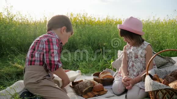 绿色草坪上的朋友野餐时的孩子带着食物的男孩和女孩新鲜空气中快乐的孩子男孩倒牛奶视频的预览图