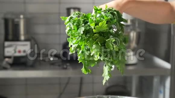 保健食品女人扔美味的有机绿色沙拉新鲜生菜水喷雾视频的预览图