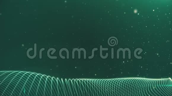 带有闪烁粒子的绿色背景上的曲线具有深度的三维循环抽象辉光粒子动画视频的预览图