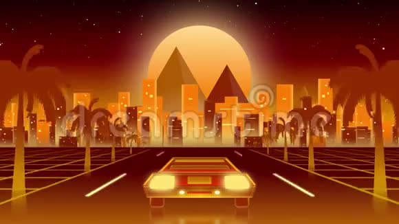 夜间驾车驶往灯光城市景观的背面动画视频的预览图
