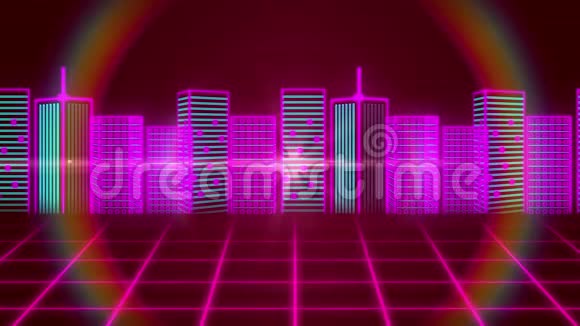 粉色和绿色绘制的三维城市景观动画视频的预览图