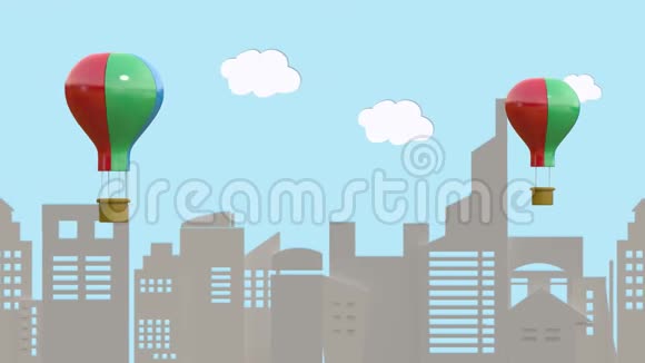 动画循环气球漂浮在大城市上空视频的预览图