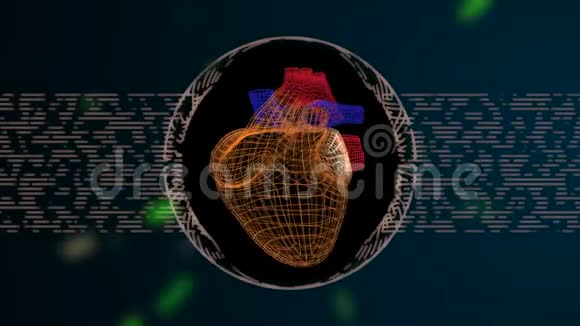 一个抽象的脉动心脏在网格结构上的离焦黑暗背景与彩色线性粒子视频的预览图