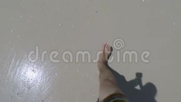 在海滩上清澈的海水中行走的男女双脚特写镜头动作镜头一对一对慢慢地踩着视频的预览图