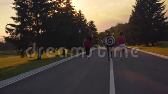 健身妇女在公园里跑步在公园路上奔跑的妇女团体的后景视频的预览图